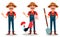 Farmer cartoon character set. Cheerful gardener waves hand, stands with farm animals and holds shovel.