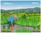 Farmer cartoon shape work in paddy field