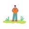 Farmer character holds vegetables harvest sketch vector illustration isolated.