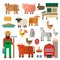 Farmer character man agriculture person profession rural gardener farm animals vector illustration.