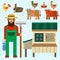 Farmer character man agriculture person profession rural gardener farm animals vector illustration.