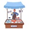 Farmer Character Stands Proudly At His Seafood Stall, Showcasing A Glistening, Fresh Fish In Hand, Vector Illustration