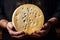 Farmer cheesemaker hold big slice of cheese in hand. Cheese with big holes. head of handcrafted hard cheese. Homemade cheese