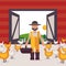 Farmer in chicken barn, vector illustration. Man in overalls and hat, with basket full of fresh eggs. Simple poster