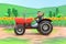 Farmer child rides a tractor across sunflower field, cartoon style 3d rendering