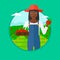 Farmer collecting apples vector illustration.