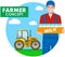 Farmer concept. Detailed illustration of driver, workman, milkman in overalls on background with tractor in the field in