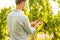 Farmer controls white grapes on a vineyard - agriculture