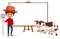 Farmer and cow cartoon character and blank banner on white background