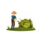 Farmer cuts dry branches on green bush with flowers. Young guy working in garden. Flat vector design