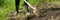 Farmer digging the soil with the shovel, young adult man working in the agricultural field