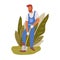 Farmer digging up ground with shovel in backyard. Young handyman working in garden. Colored flat vector illustration of