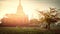 Farmer drives bullock cart through amazing sunset landscape at Bagan. Myanmar