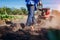 Farmer driving small tractor for soil cultivation and potato digging. Autumn harvest potato picking