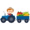 Farmer driving a tractor and carrying fruits. Vector illustration