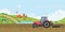 Farmer driving a tractor in farm land on rural farm, holstein cow and calves in a field
