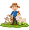 Farmer with farm animals in the grass