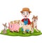 Farmer with farm animals in the grass