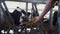 Farmer feeding cattle herd from hands in cowshed close up. Man caring cows.