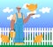 Farmer feeds chickens. Background landscape. Color illustration.