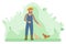 A farmer feeds chickens on a green lawn. Farming and self-sufficiency. Flat vector illustration