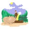 Farmer feeds pigs. Background landscape. Color illustration.