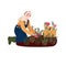 Farmer in garden growing flowers. Woman in overall and gloves cultivate plant. Female worker farming in summer. Girl with basket