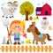 Farmer girl and animals. Vector illustration collection