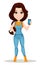 Farmer girl dressed in work jumpsuit. Cute cartoon character holding smartphone.