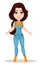 Farmer girl dressed in work jumpsuit. Cute cartoon character looks lost or disappointed