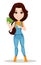 Farmer girl dressed in work jumpsuit. Cute cartoon character showing money in her hand.