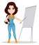 Farmer girl dressed in work jumpsuit. Cute cartoon character standing near board while presentation.