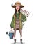 Farmer girl with flowers in her hands and watering can. Cute cartoon character dressed in work overalls and hat with little bird.