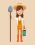 farmer girl straw hat shovel and bucket earth