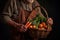 Farmer Hands Holding a Basket full of Vegetables extreme closeup. Generative AI