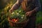 Farmer Hands Holding a Basket full of Vegetables extreme closeup. Generative AI