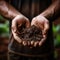 Farmer hands holding compost soil for planting. Generative AI