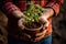 Farmer hands holding a pot with tomato seedlings in the garden, Young tomato seedling in a pot in the hands of a gardener, AI