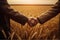 Farmer handshake with partner on the wheat corp, close up. Generative AI