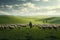 Farmer Herding Flock Of Sheep Across Vast Green Pasture. Generative AI