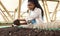 Farmer holding dirt with worms. Happy farmer looking at soil with worms. Happy farm worker checking her soil. African