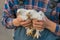 Farmer holding in hands a 2 two white brama chicken, close-up, poultry farming