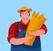 Farmer holding a sheaf of wheat. Agriculture, cartoon vector illustration