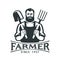 Farmer holding shovel and pitchfork, black emblem vector. Agriculture, farm, growing organic food badge or logo