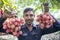 Farmer keeping fresh lychees and bunding up to sell in local market at ranisonkoil, thakurgoan, Bangladesh.