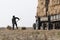 Farmer is loading bales straw in a tractor trailer