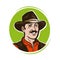 Farmer logo or label. Portrait of happy American cowboy in hat. Cartoon vector illustration