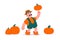 Farmer man with mustache in overalls and hat holds pumpkin