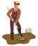 Farmer man with shovel is digging potato in garden. Vector