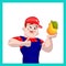 Farmer man showing thumbs up, quality fruit pear, cartoon on white background.